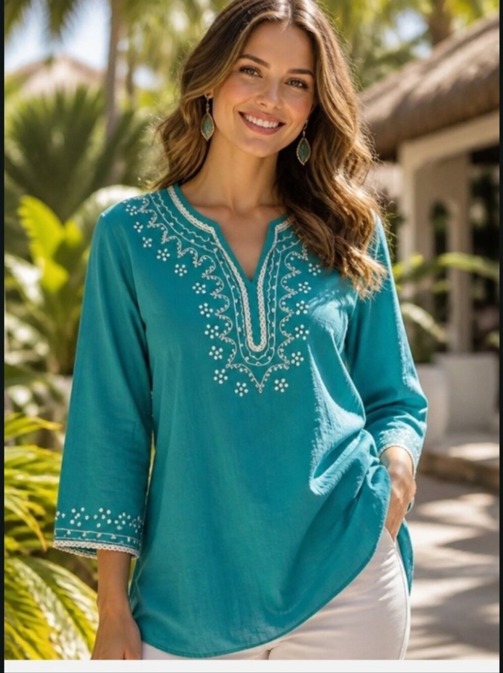 Women's Teal Embroidered V-Neck Tunic